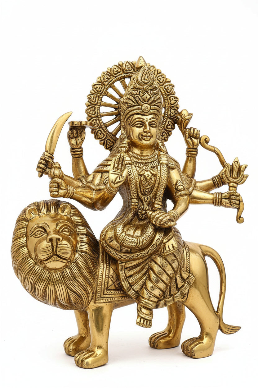 Durga Maa Sherawali Brass Statue 9.8 Inch Premium Handcrafted Idol for Home Temple - ManiMonk