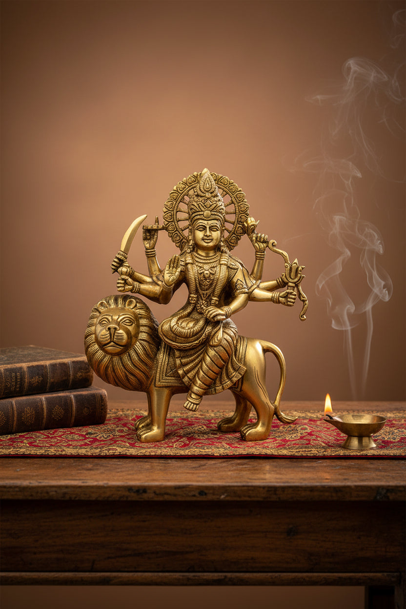 Durga Maa Sherawali Brass Statue 9.8 Inch Premium Handcrafted Idol for Home Temple