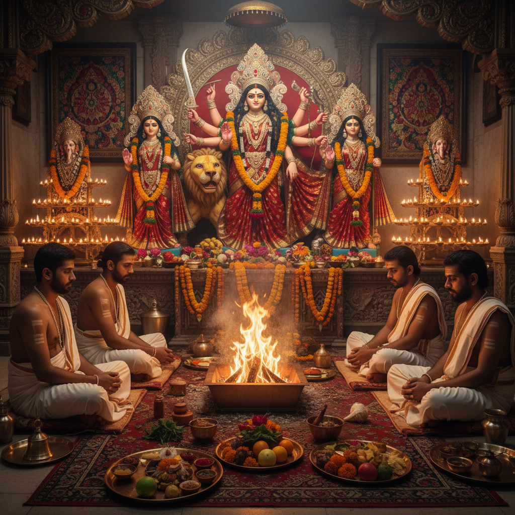 lord Durga Puja and Yajna in bg , 4 pandits, square img