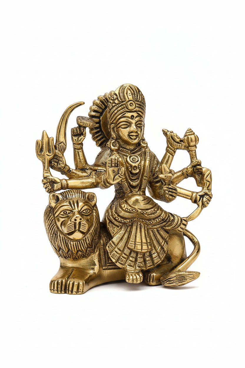 Durga on Sitting Lion Brass Idol 4.3 Inch Premium Handcrafted Murti for Home Temple - ManiMonk