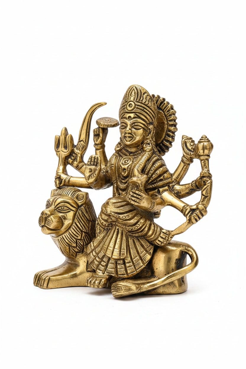 Durga on Sitting Lion Brass Idol 4.3 Inch Premium Handcrafted Murti for Home Temple - ManiMonk