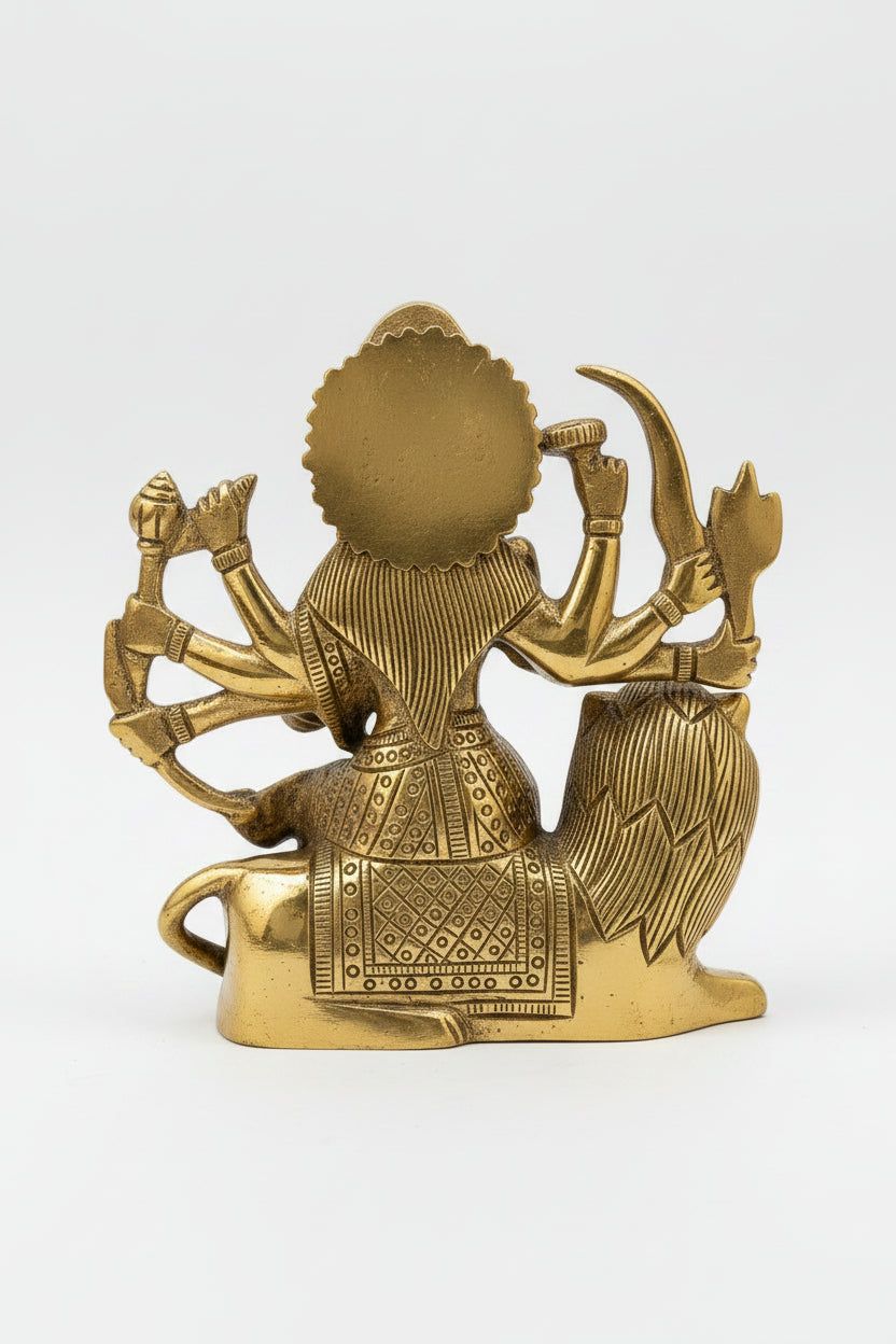 Durga on Sitting Lion Brass Idol 4.3 Inch Premium Handcrafted Murti for Home Temple - ManiMonk