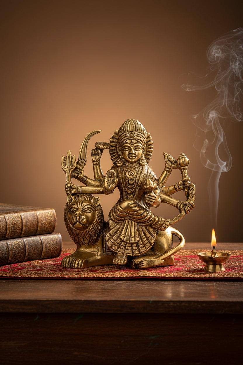 Durga on Sitting Lion Brass Idol 4.3 Inch Premium Handcrafted Murti for Home Temple