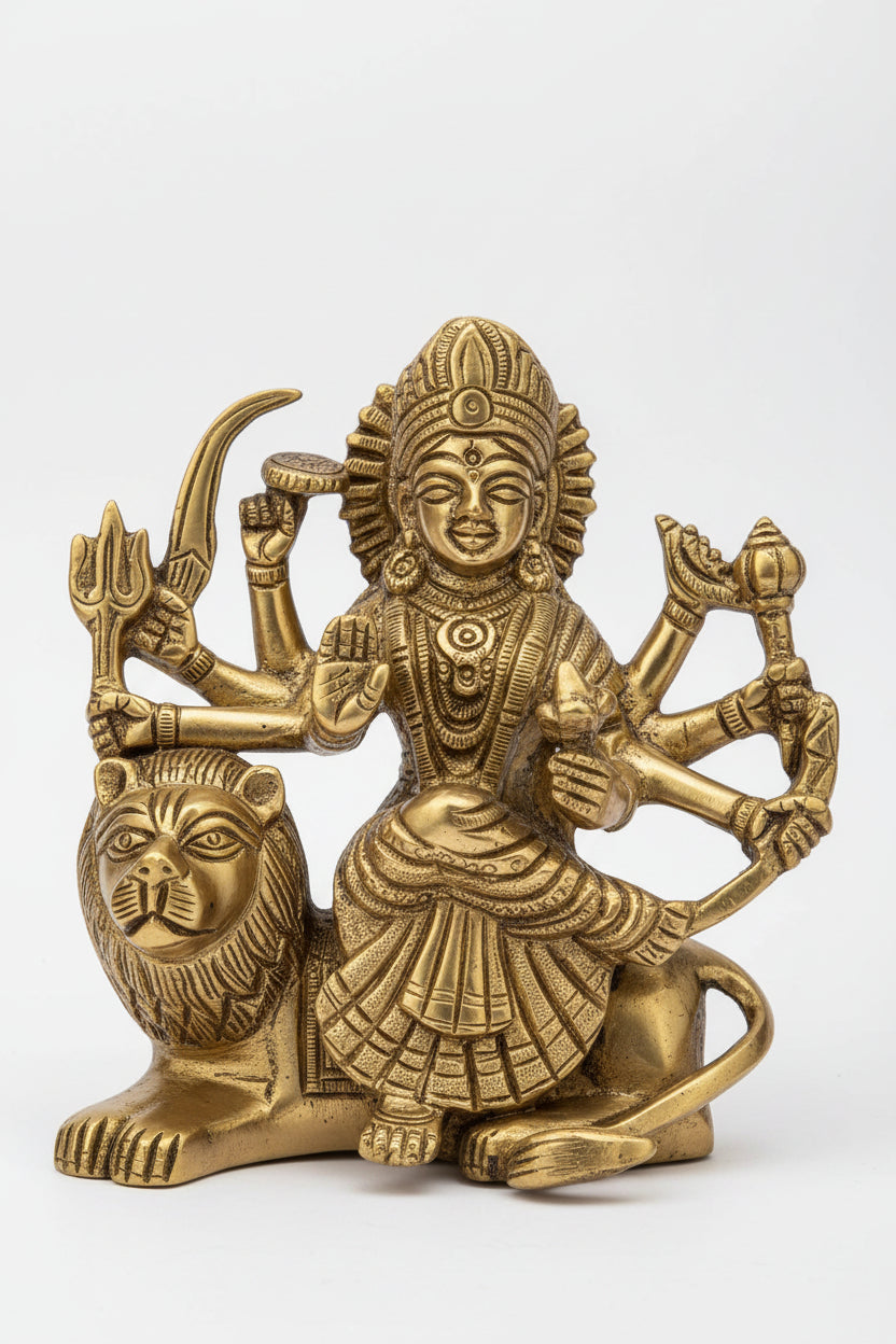 Durga on Sitting Lion Brass Idol 4.3 Inch Premium Handcrafted Murti for Home Temple
