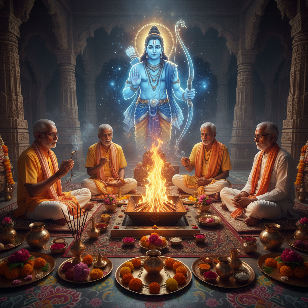 Dussehra Puja,Square image of Puja with specific Lord visuals glowing in the background, 4–6 pandits sitting and performing pooja around a havan kund, traditional setup, spiritual atmosphere, high-quality.