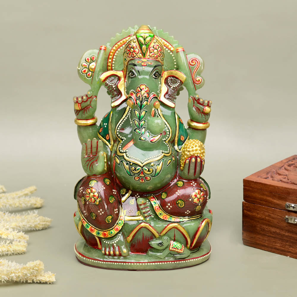 Green Jade Ganesha (Hand Carved & Painted) Idol - 1.54 kgs