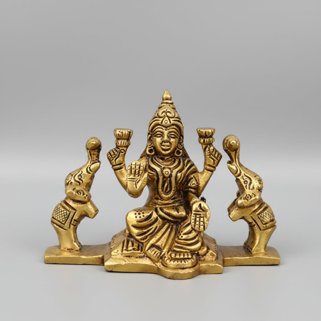 Gaja Lakshmi Brass Idol 3 Inch Handcrafted Goddess of Wealth and Abundance ManiMonk