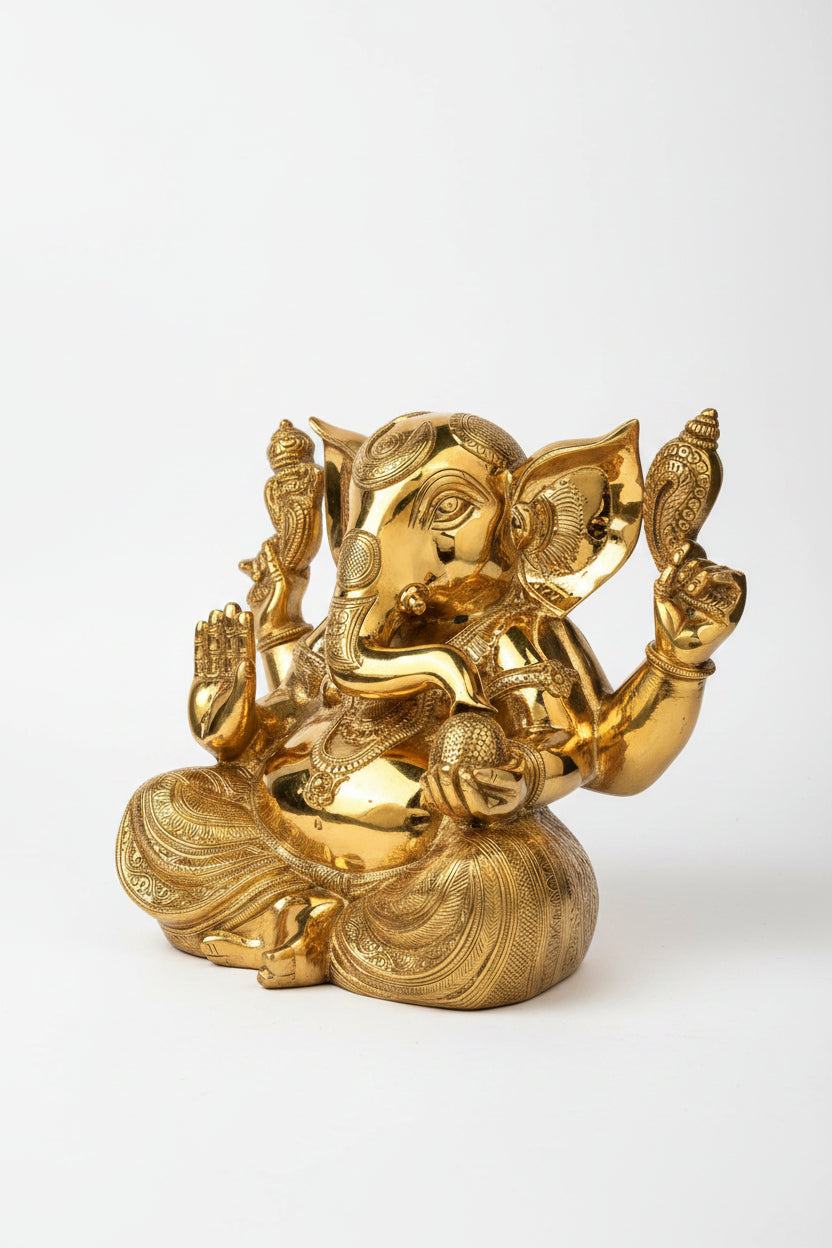 Gajakarna Ganesh Superfine Brass Idol 8 Inch Heavy Handcrafted Shining Ganesha Murti for Home Temple and Premium Gifting