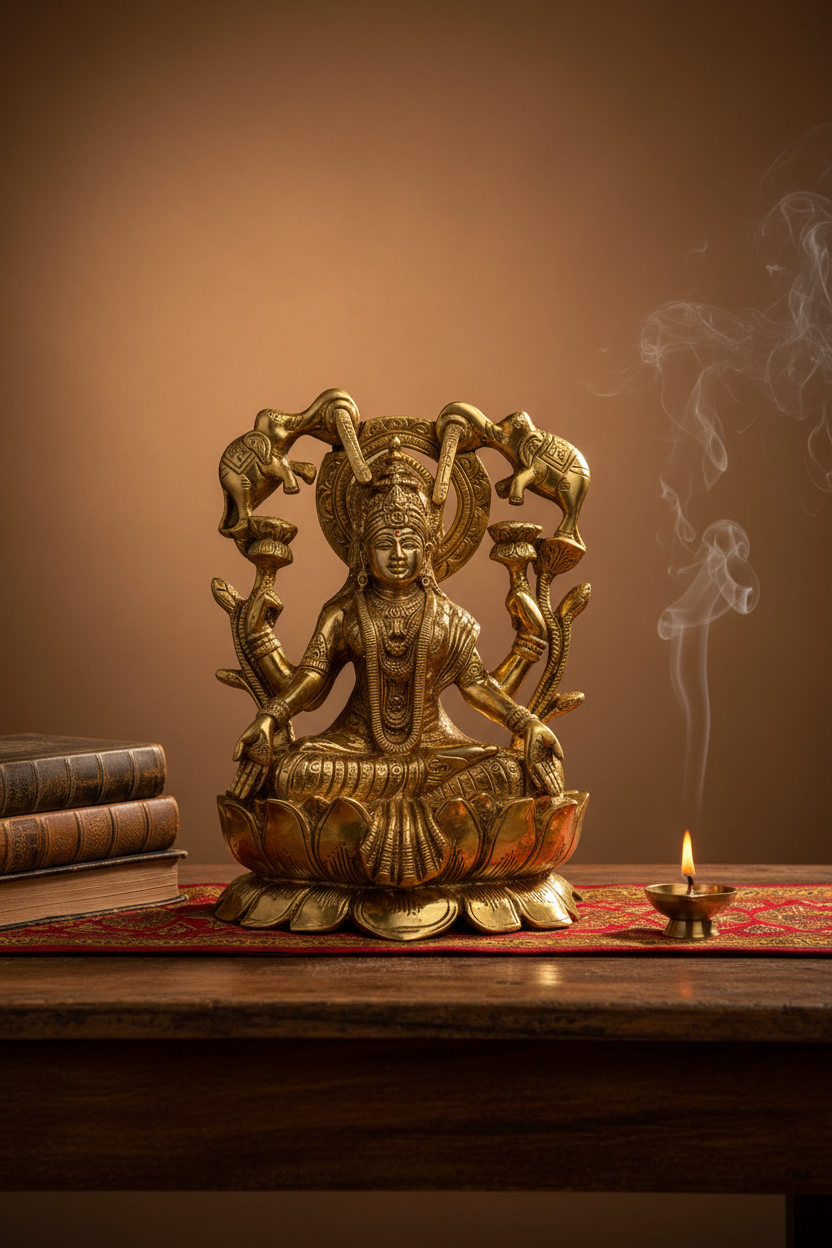 Gajalakshmi Brass Idol 10.5 Inch Grand 5.45 Kg Handcrafted Pure Brass Royal Elephant Lakshmi Murti for Home Temple and Gifting