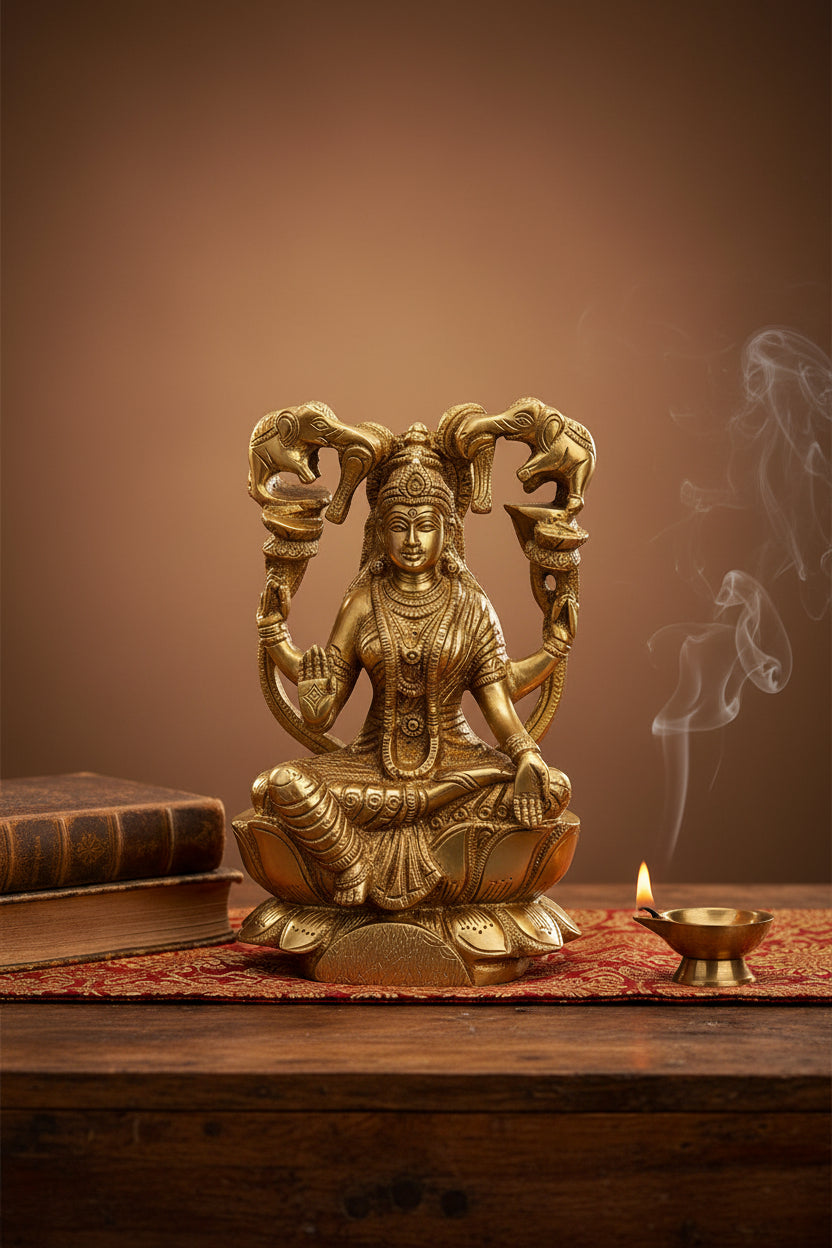 Gajalakshmi Brass Statue 7 Inch Heavy Handcrafted Elephant Goddess Lakshmi Idol for Home Temple and Premium Gifting
