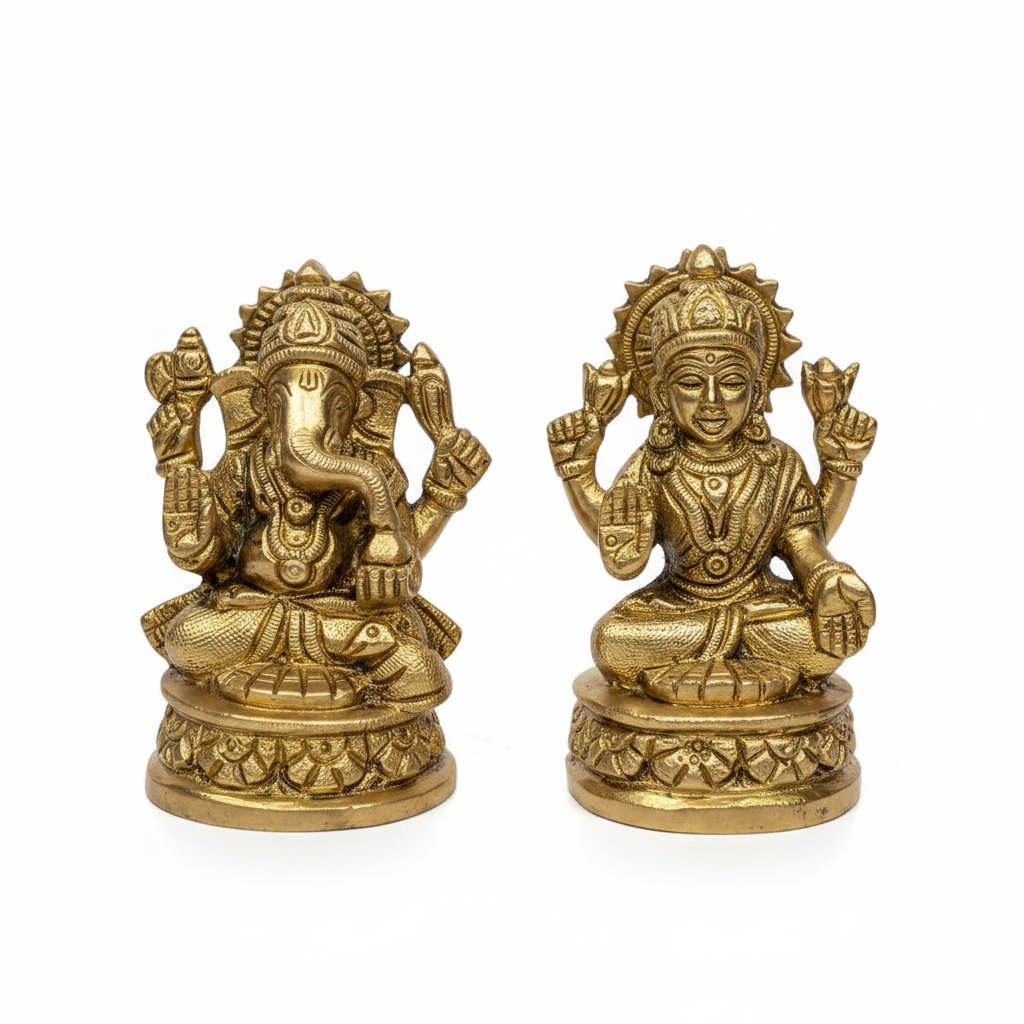 Ganesh Lakshmi Brass Idol Set Pure Brass Handcrafted 3.3 Inch