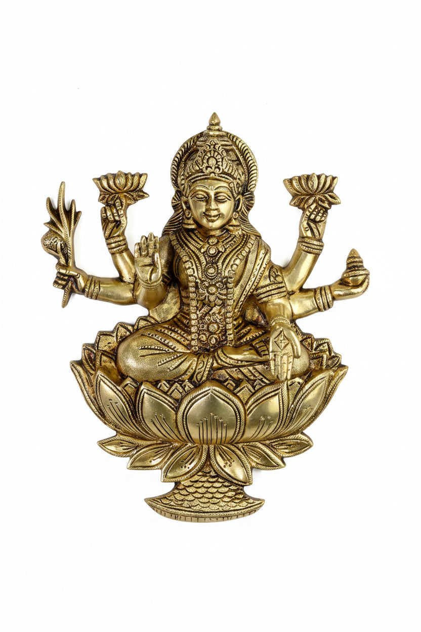 Ganesh Lakshmi on Lotus Hanging Brass Idol Set Handcrafted Pure Brass Wall Hanging Puja Murti - ManiMonk