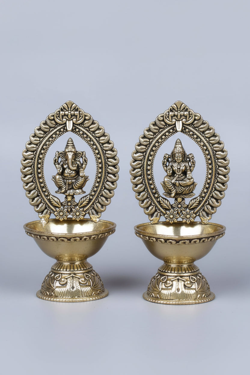Ganesh Laxmi Prabhavalli Frame Ashtadhatu Diya Set of 2 Energised Puja Set