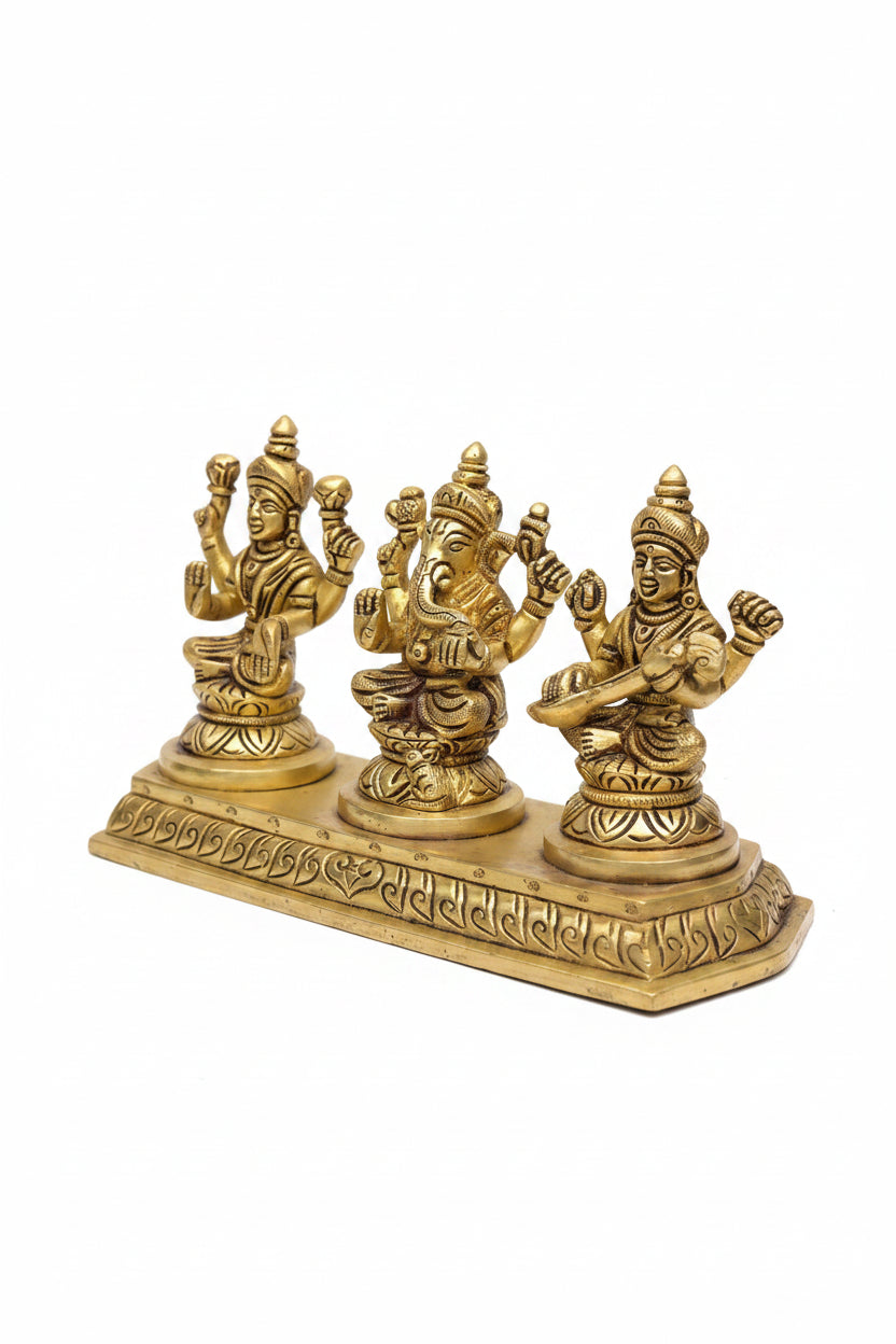 Ganesh Laxmi Saraswati Brass Idol Pure Brass Trio Murti Set for Home Mandir and Diwali Puja - ManiMonk