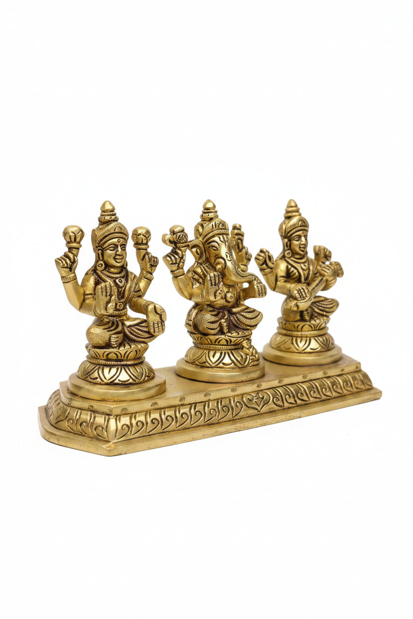 Ganesh Laxmi Saraswati Brass Idol Pure Brass Trio Murti Set for Home Mandir and Diwali Puja - ManiMonk