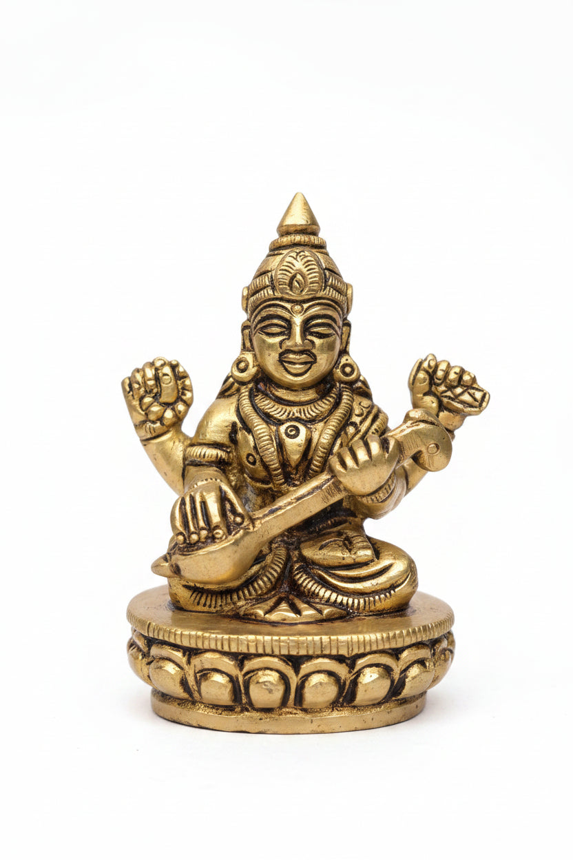 Ganesh Laxmi Saraswati Brass Idols Set of 3 Handcrafted Pure Brass Puja Murti Set for Home Mandir - ManiMonk