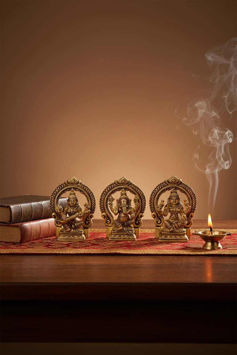 Ganesh Laxmi Saraswati Brass Murti Handcrafted Pure Brass Triple Deity Puja Set for Home Mandir
