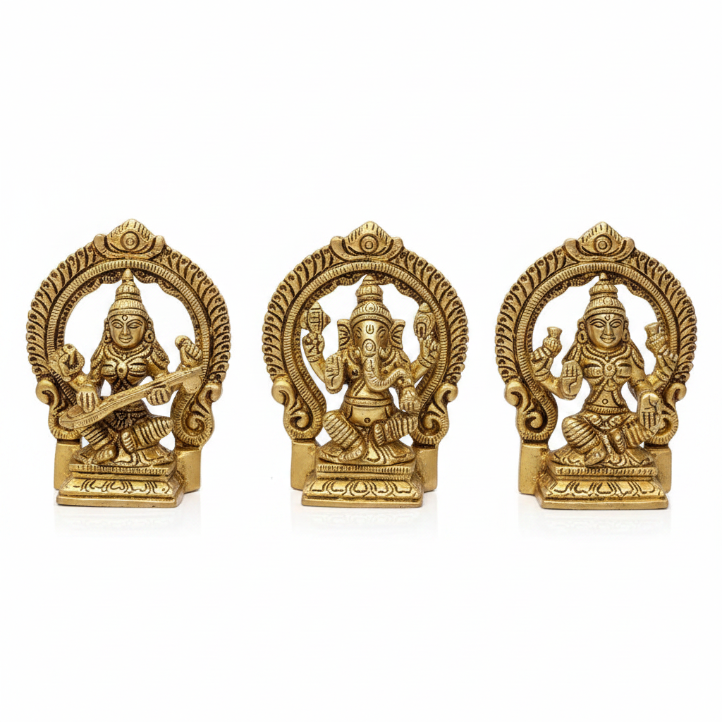 Ganesh Laxmi Saraswati Brass Murti Handcrafted Pure Brass Triple Deity Puja Set for Home Mandir