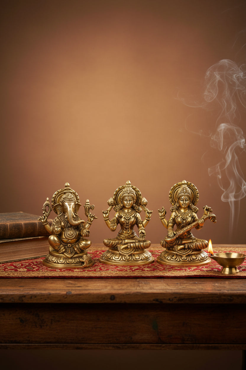 Ganesh Laxmi Saraswati Brass Murti Set 9 Inch Ashtadhatu Idol for Home Temple Pooja