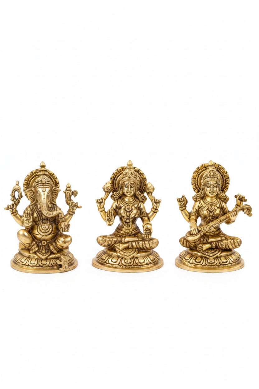 Ganesh Laxmi Saraswati Brass Murti Set 9 Inch Ashtadhatu Idol for Home Temple Pooja