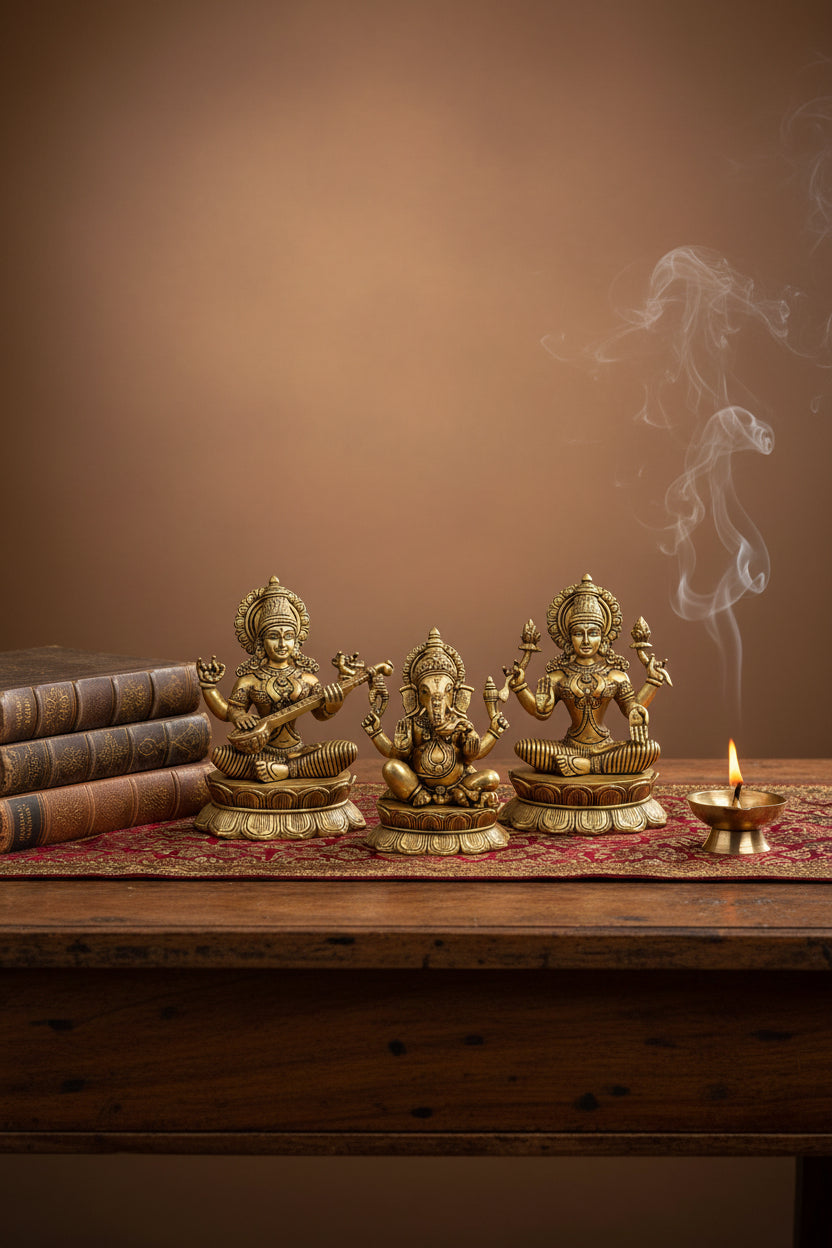 Ganesh Laxmi Saraswati Idol Set Brass 11 Inch ManiMonk