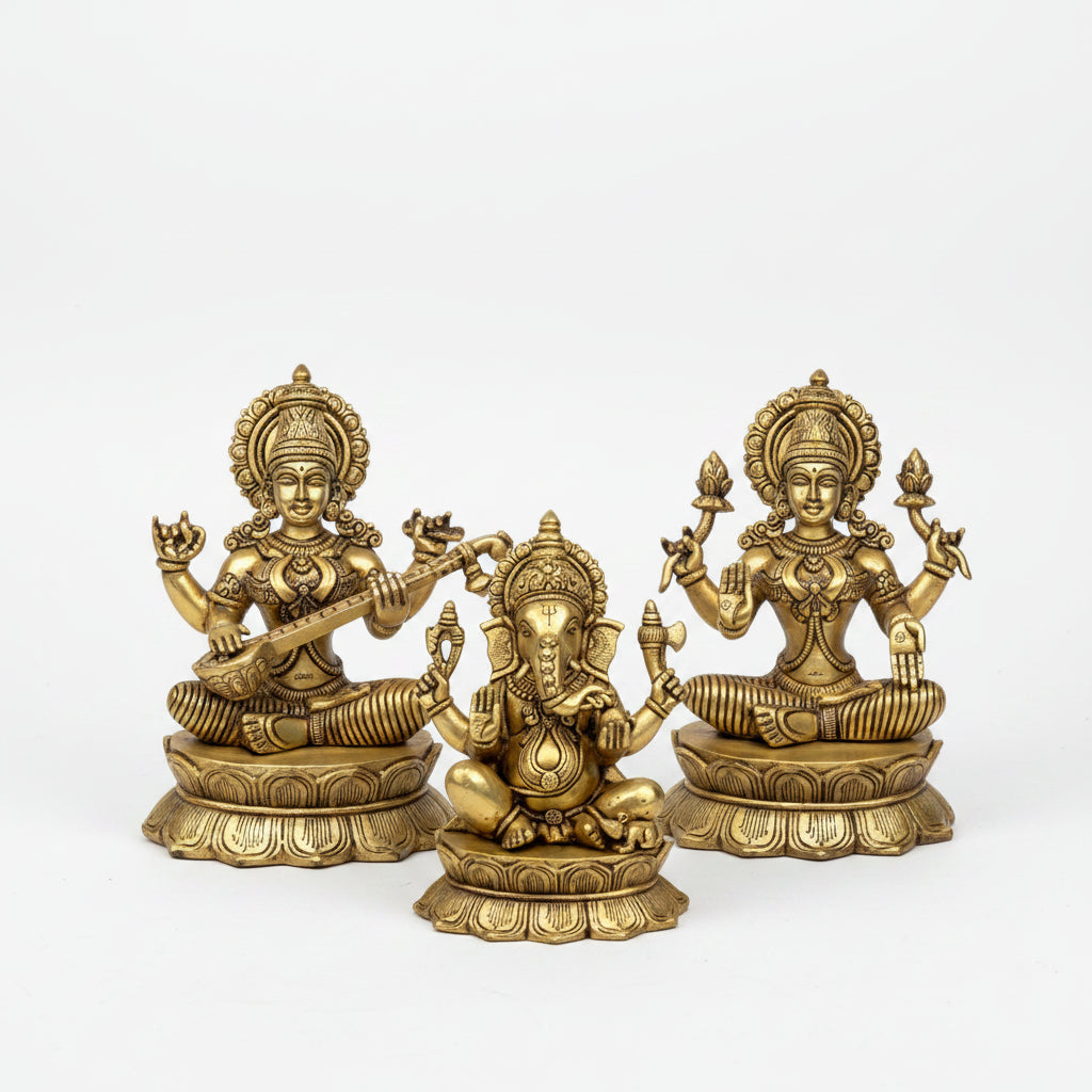 Ganesh Laxmi Saraswati Idol Set Brass 11 Inch ManiMonk