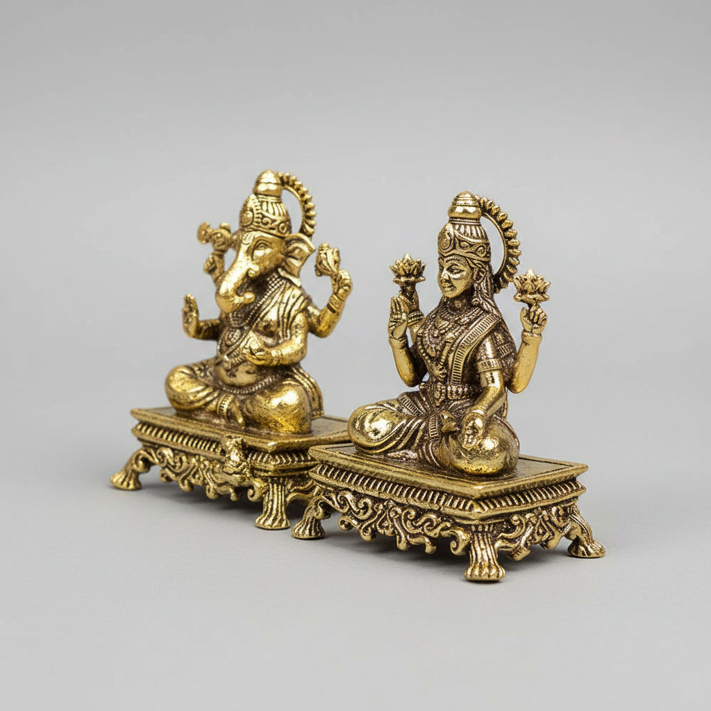 Ganesh Laxmi on Pedestal Chowki Ashtadhatu Idol (Small)