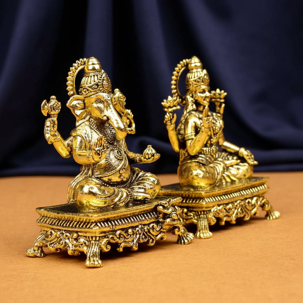 Ganesh Laxmi on Pedestal Chowki Ashtadhatu Idols-Large