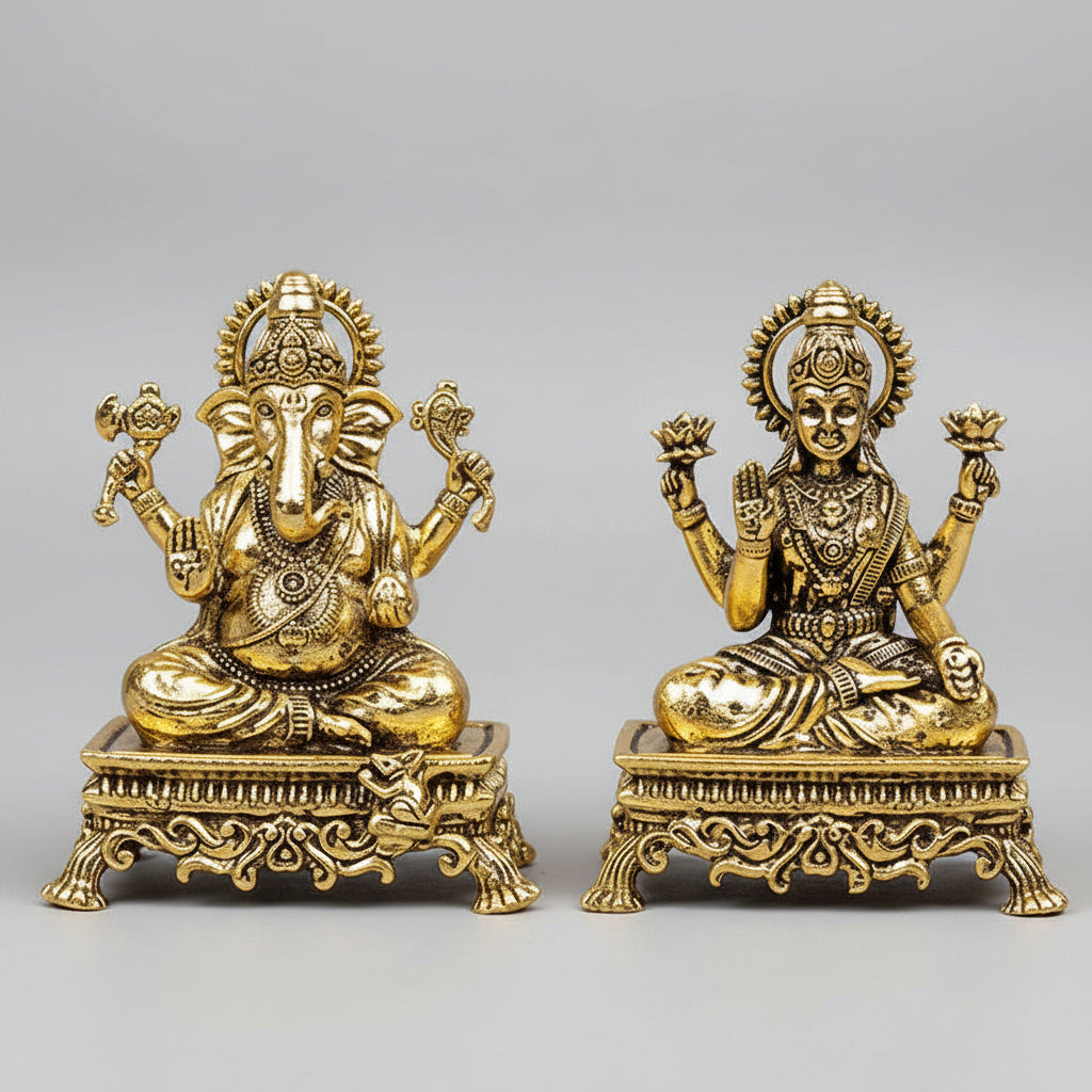 Ganesh Laxmi on Pedestal Chowki Ashtadhatu Idols-Large