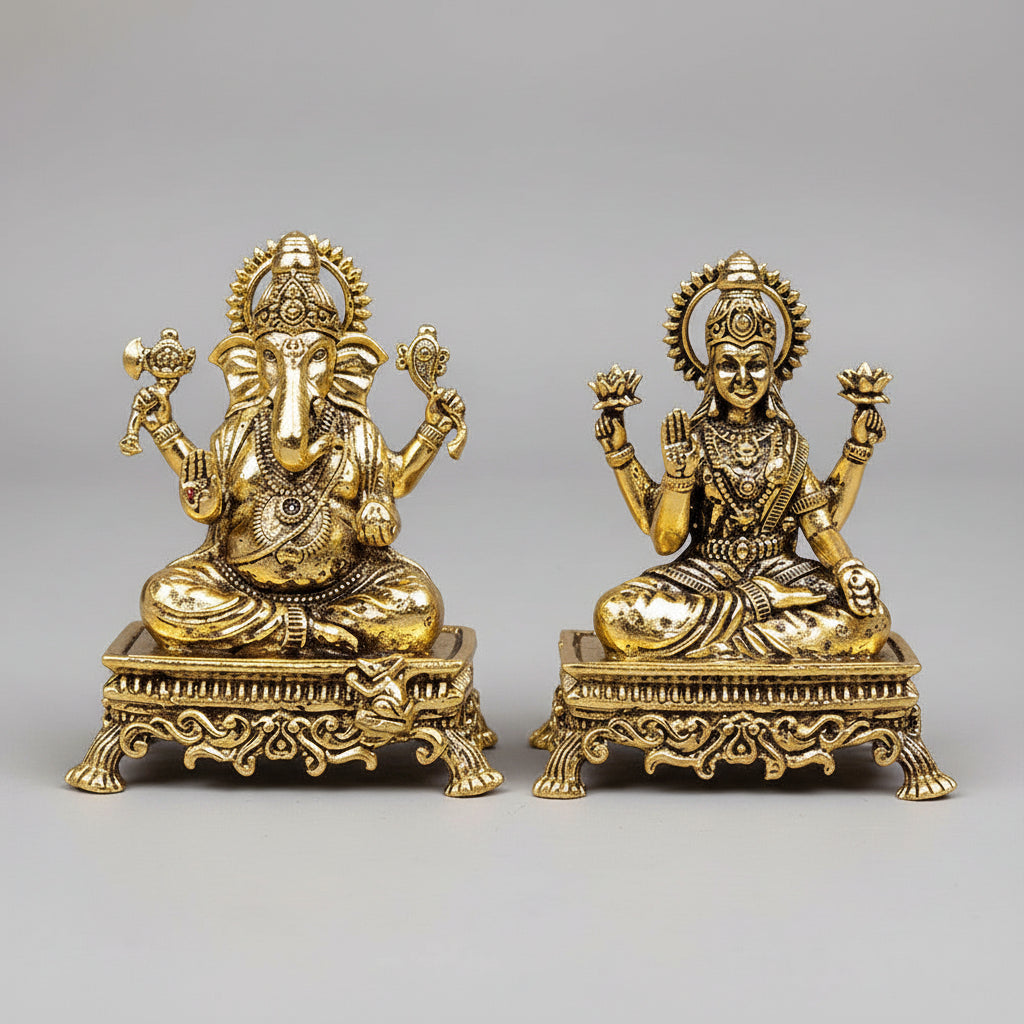Ganesh Laxmi on Pedestal Chowki Ashtadhatu Idols-Small