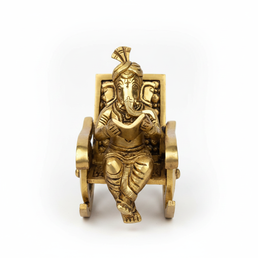 Ganesha Reading Grantha on Chair Brass Idol 4.7 Inch Handcrafted Pure Brass Scholarly Murti