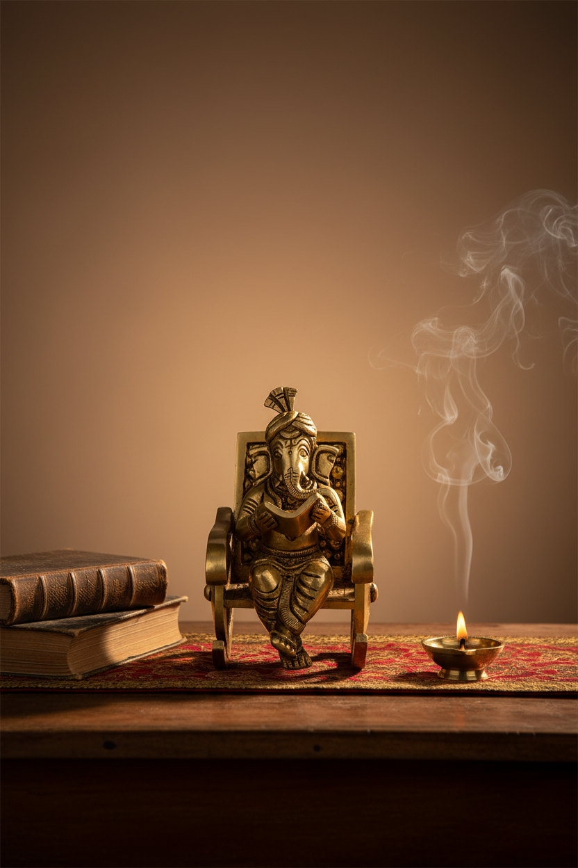Ganesha Reading Grantha on Chair Brass Idol Handcrafted Pure Brass Unique Scholarly Ganesha Murti