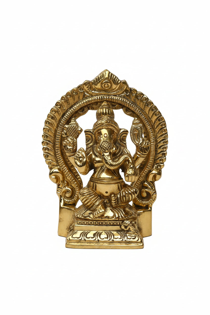 Ganesha with Arch Brass Idol 3.3 Inch Handcrafted Prabhavali Ganpati Murti for Home Puja Mandir and Gifting