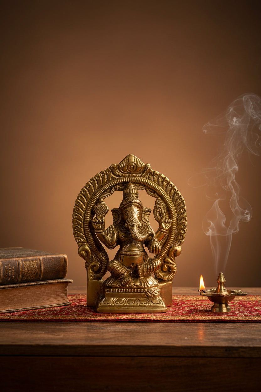 Ganesha with Arch Brass Idol 3.3 Inch Handcrafted Prabhavali Ganpati Murti for Home Puja Mandir and Gifting