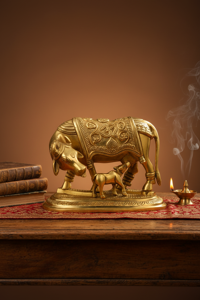 Gau Mata Brass Idol Handcrafted Premium Kamdhenu Cow Statue for Home Puja and Decor