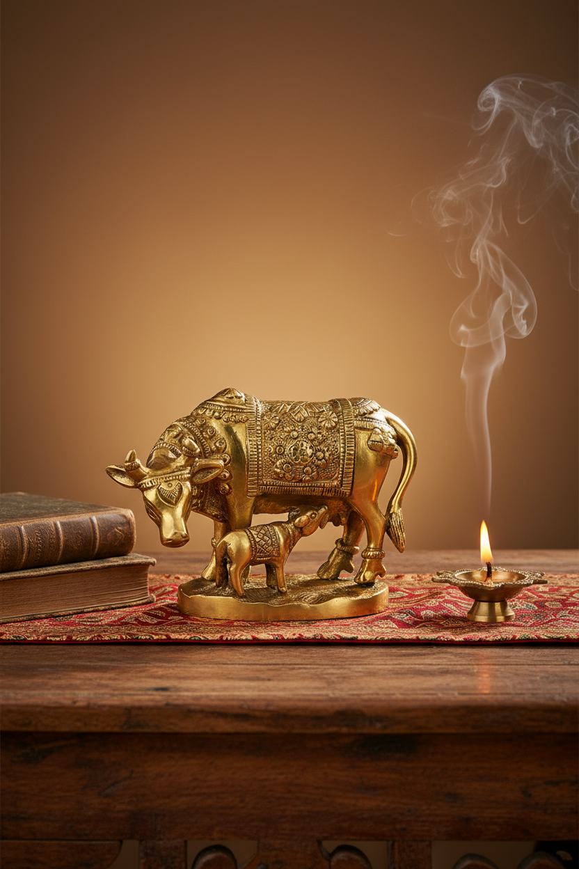 Gau Mata Brass Murti | Sacred Kamdhenu Idol for Home & Temple - ManiMonk
