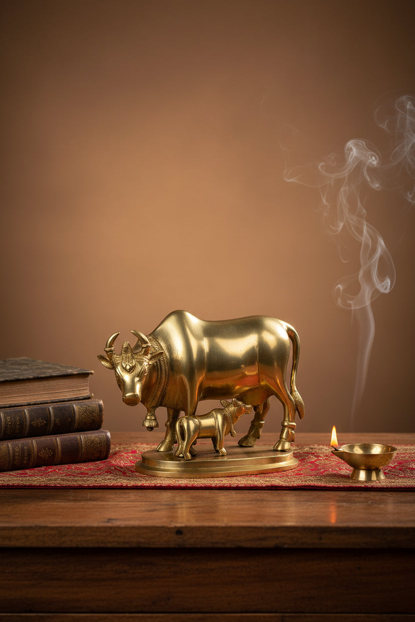 Gaumata Brass Idol 6 Inch Kamdhenu Cow Murti for Home Temple and Puja