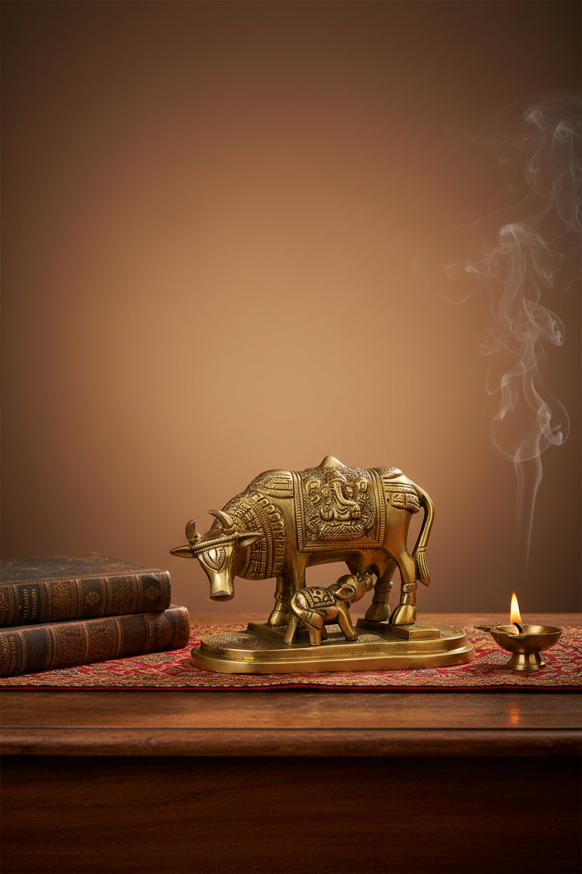 Gaumata Brass Idol With Calf Premium Handcrafted Divine Sculpture for Home Puja and Temple