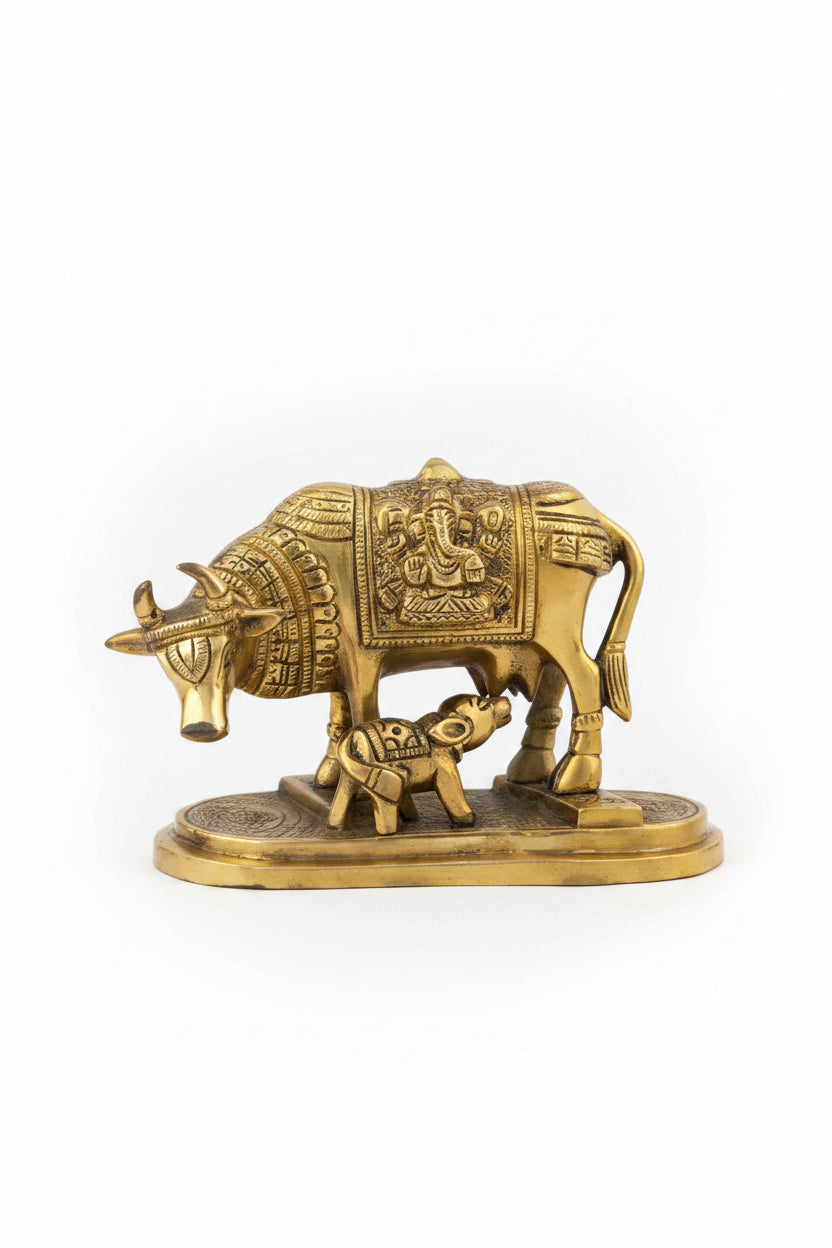 Gaumata Brass Idol With Calf Pure Brass Kamdhenu Statue for Home Puja and Temple