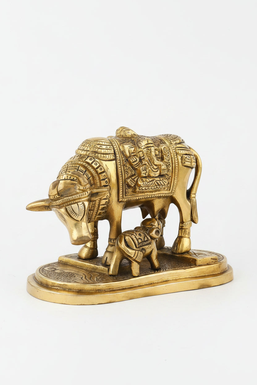 Gaumata Brass Idol With Calf Pure Brass Kamdhenu Statue for Home Puja and Temple