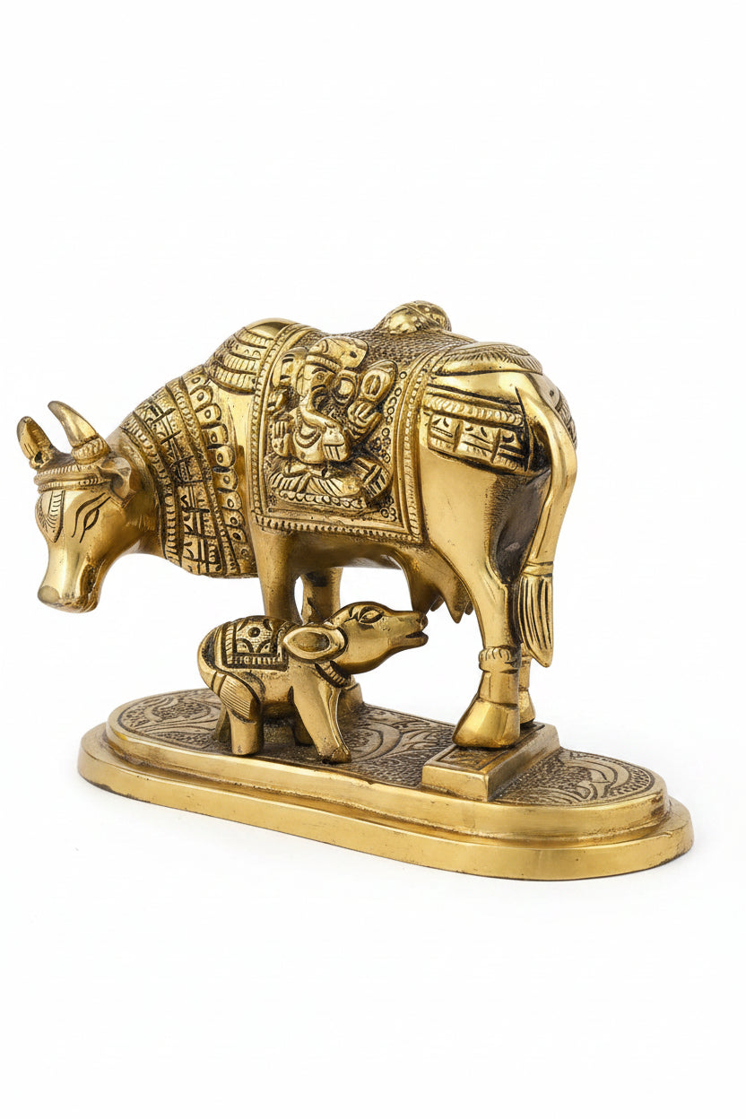 Gaumata Brass Idol With Calf Pure Brass Kamdhenu Statue for Home Puja and Temple