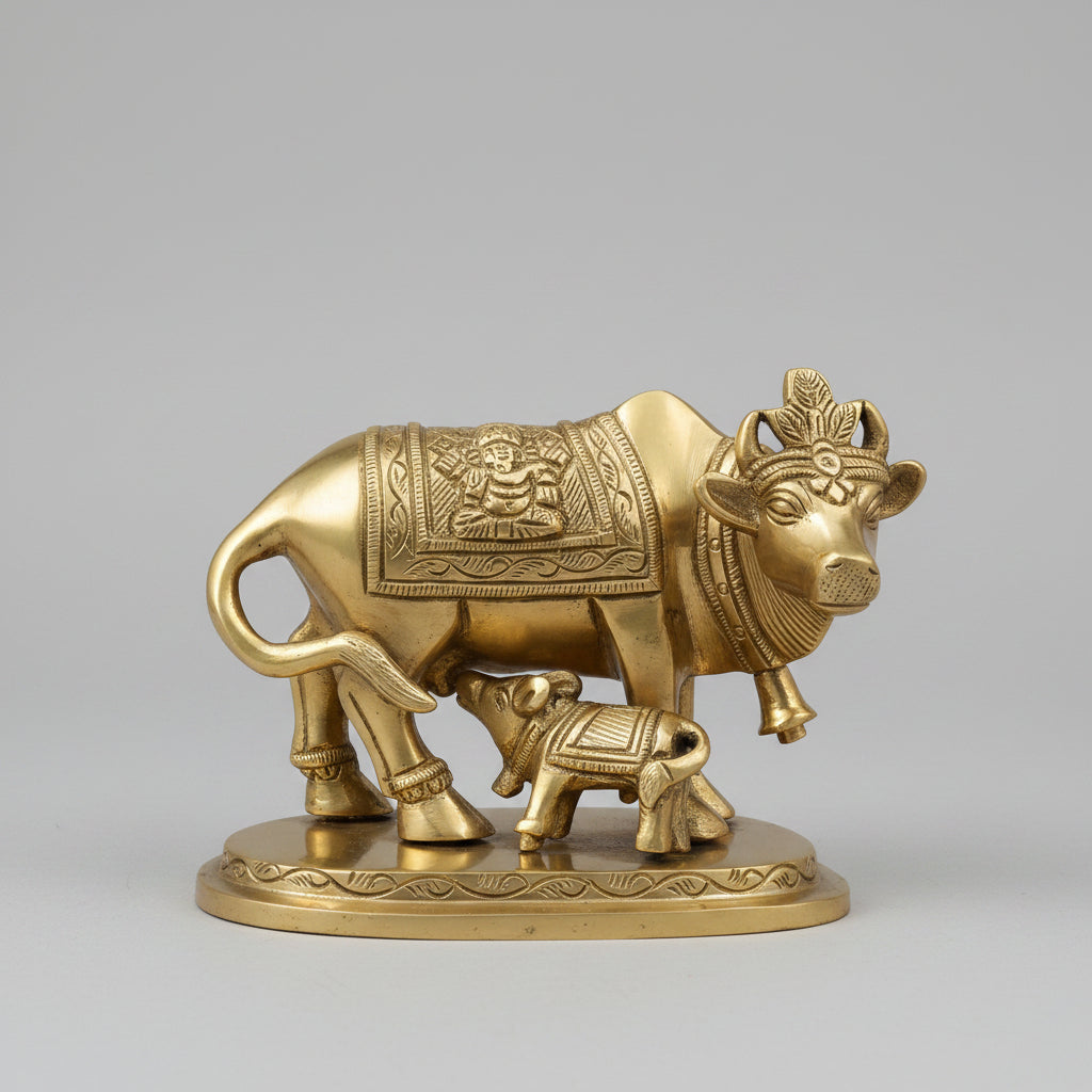 Gaumata with Calf Brass Statue | 2.5 Inch Sacred Cow Idol for Home Puja - ManiMonk