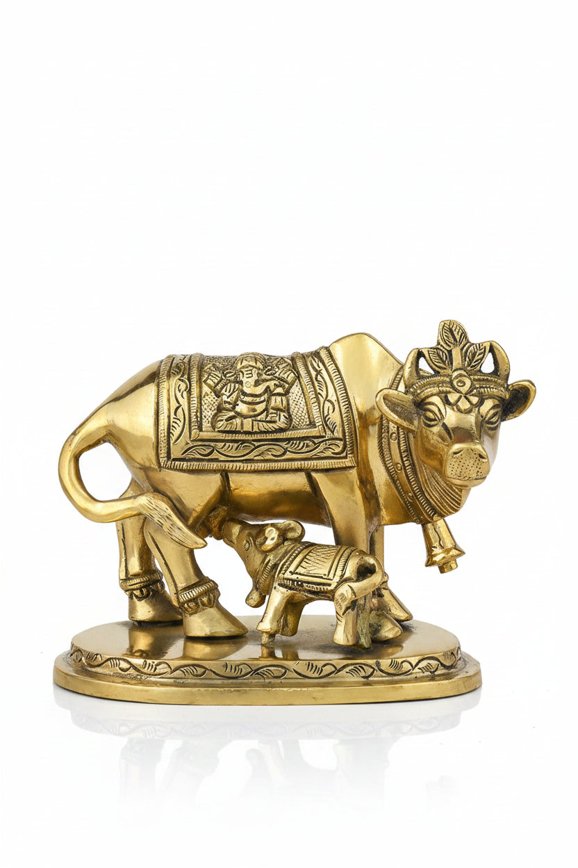 Gaumata with Calf Brass Idol 2.5 Inch Kamadhenu Sacred Cow Statue for Home Puja Temple and Gifting - ManiMonk