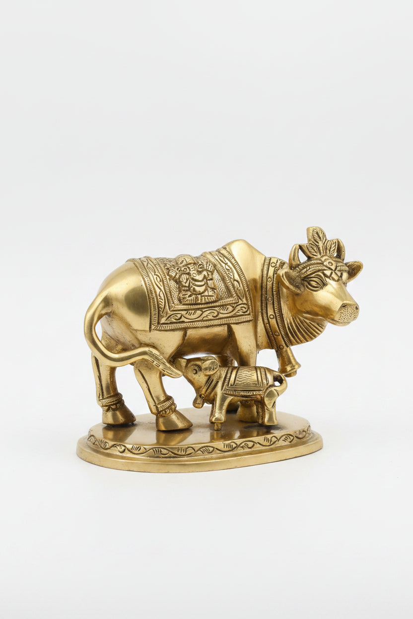 Gaumata with Calf Brass Idol 2.5 Inch Kamadhenu Sacred Cow Statue for Home Puja Temple and Gifting - ManiMonk