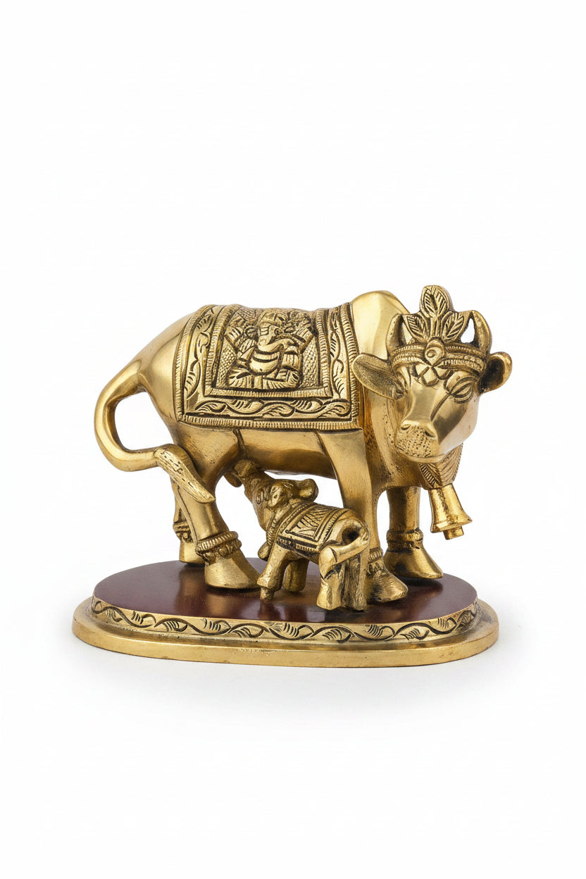Gaumata with Calf Brass Idol 2.5 Inch Kamadhenu Sacred Cow Statue for Home Puja Temple and Gifting - ManiMonk