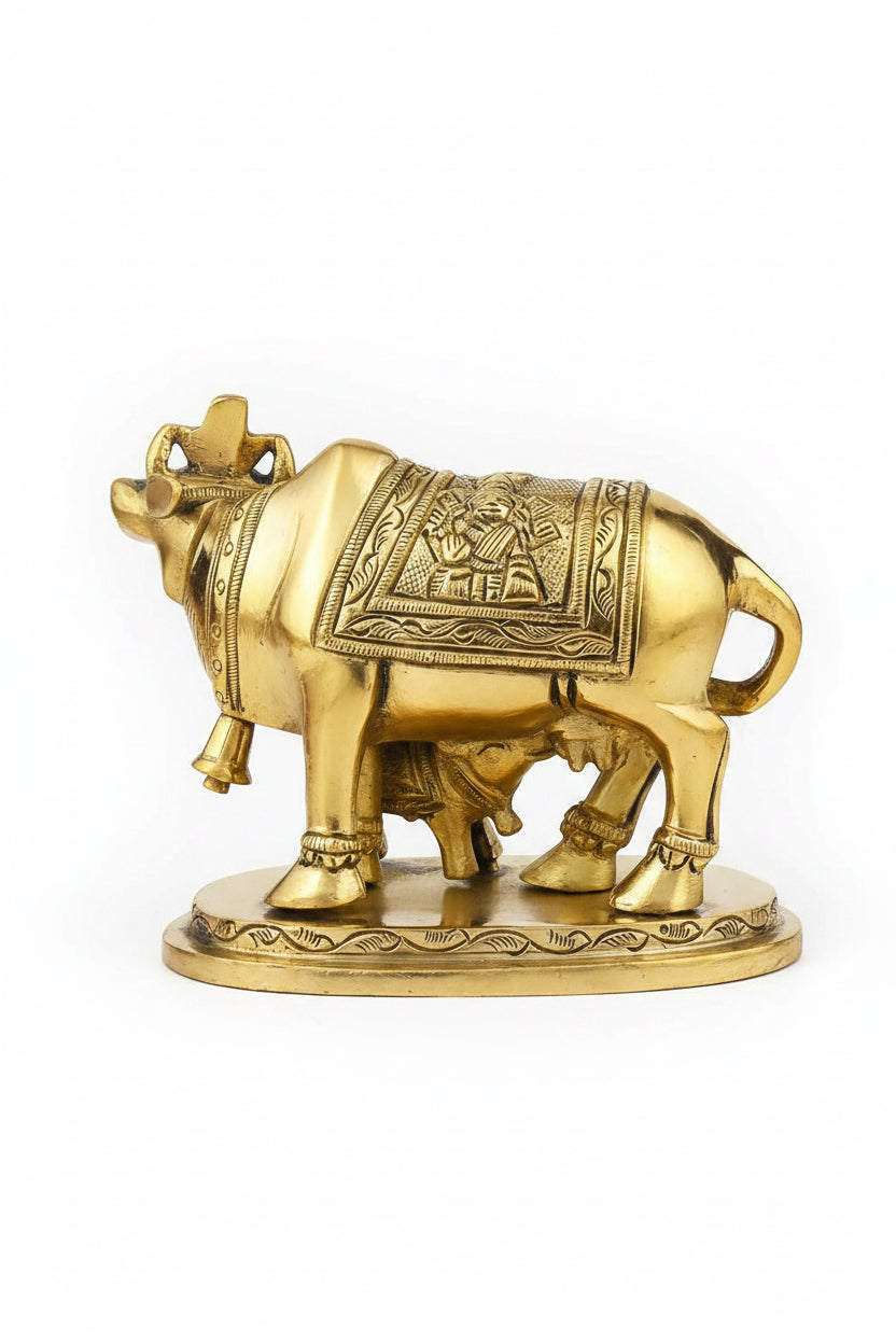 Gaumata with Calf Brass Idol 2.5 Inch Kamadhenu Sacred Cow Statue for Home Puja Temple and Gifting - ManiMonk