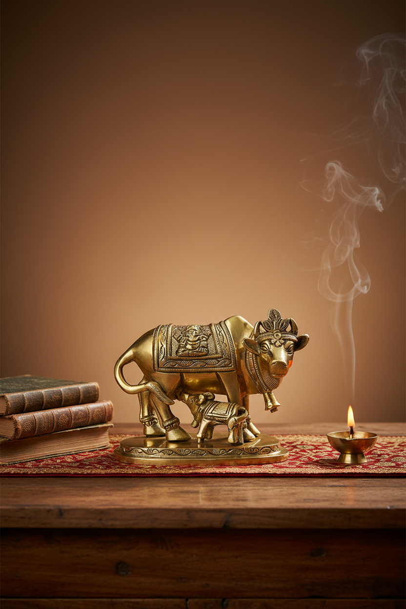 Gaumata with Calf Brass Statue | 2.5 Inch Sacred Cow Idol for Home Puja - ManiMonk