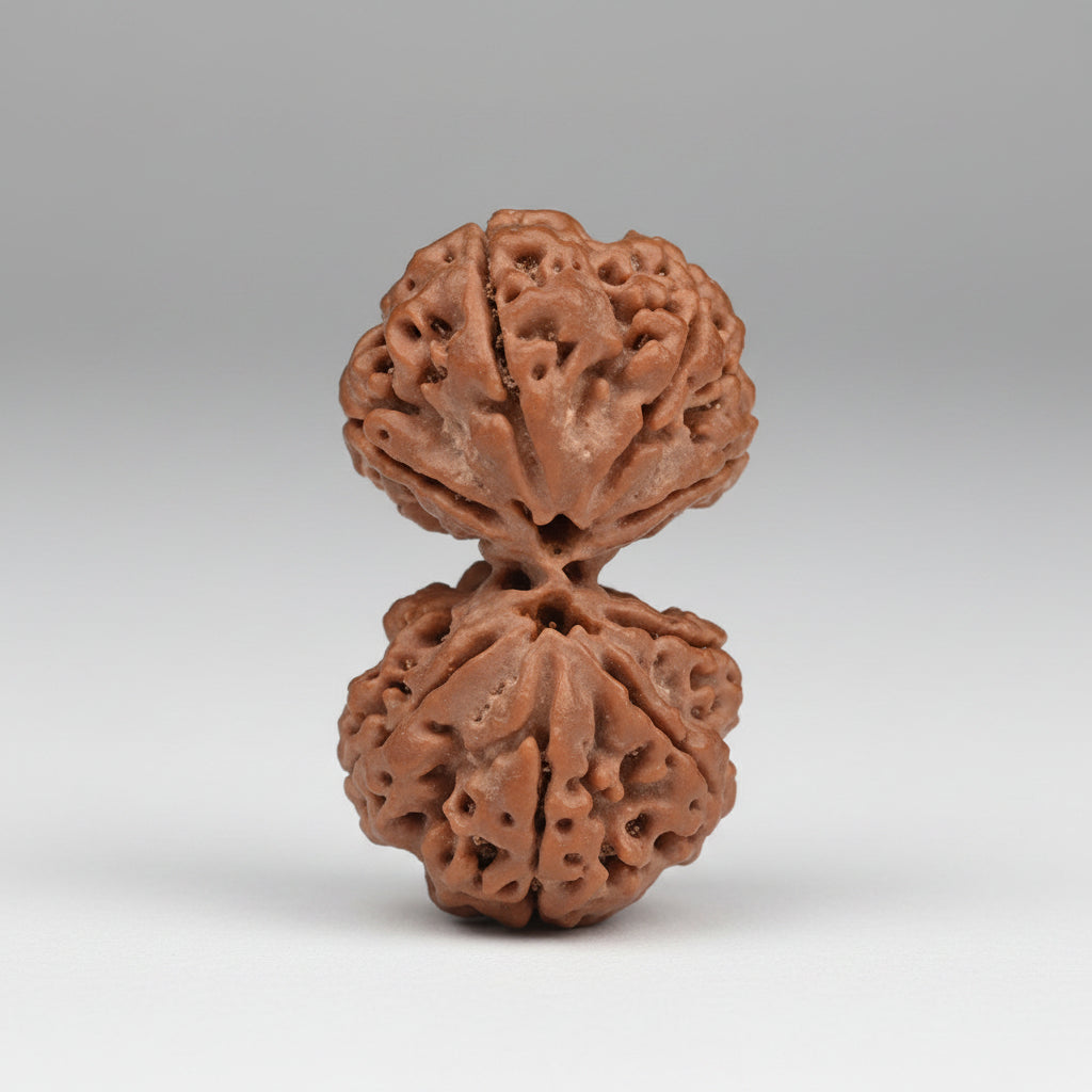 Two brown, textured nuts on a gray background