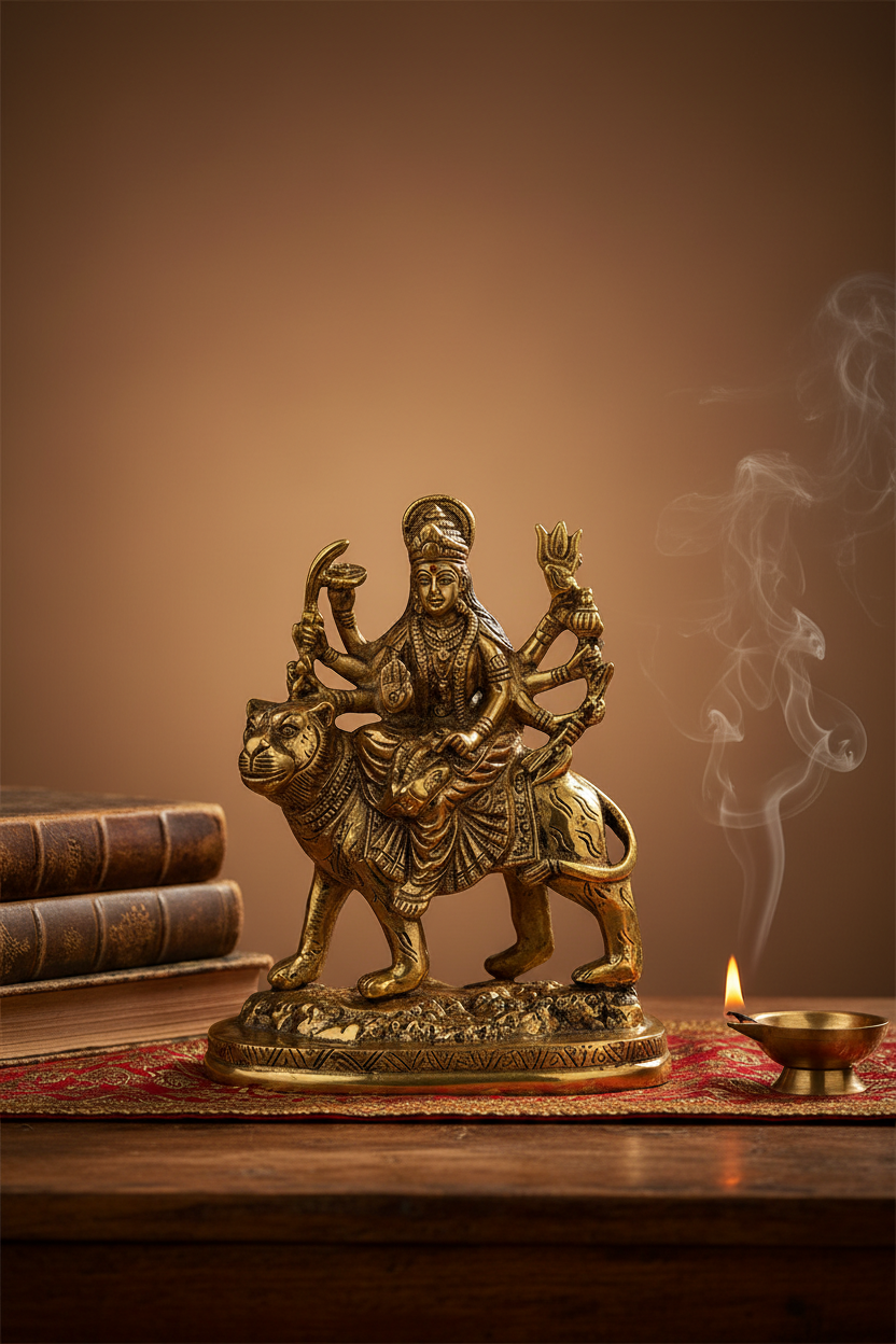 Goddess Durga Brass Idol | 6 Inch | Handcrafted Sacred Murti for Home Temple - ManiMonk