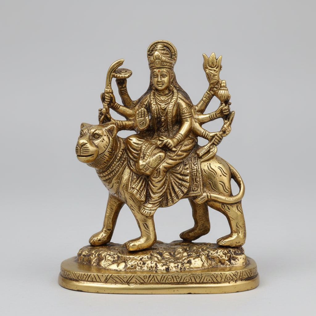Goddess Durga Brass Idol | 6 Inch | Handcrafted Sacred Murti for Home Temple - ManiMonk